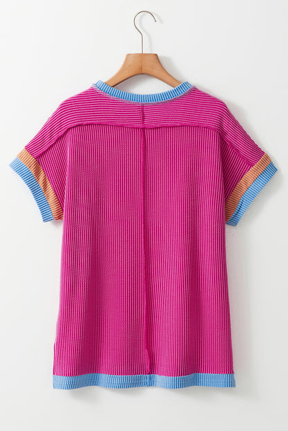 Textured Contrast Trim Round Neck T Shirt | Bright Pink