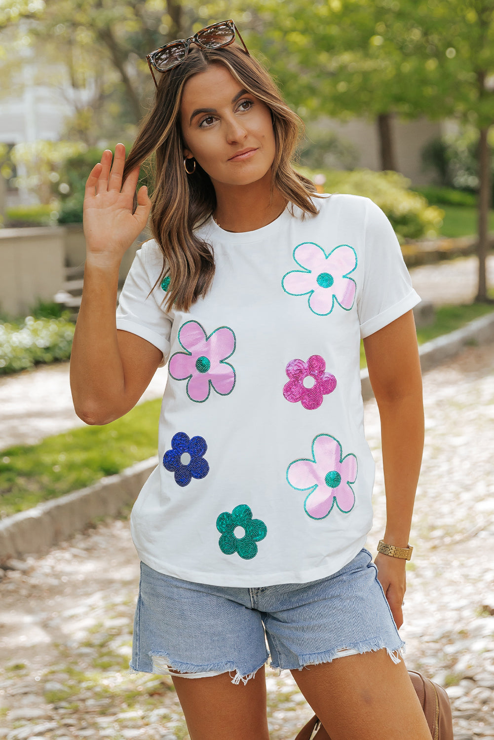 Sequined Flower Pattern Round Neck T Shirt | White