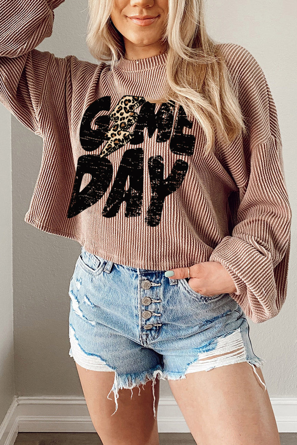 Khaki Game Day Graphic Crop Rugby Football Corded Knit Top