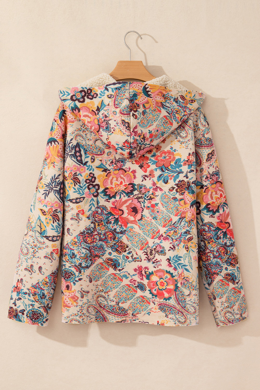 Vintage Paisley Floral Printed Sherpa Lined Hooded Jacket | Beige