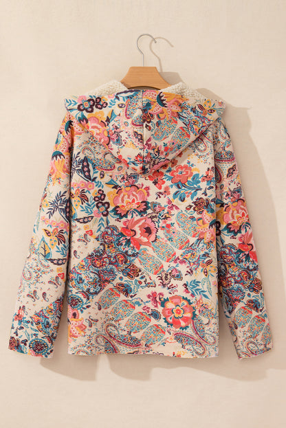 Vintage Paisley Floral Printed Sherpa Lined Hooded Jacket | Beige