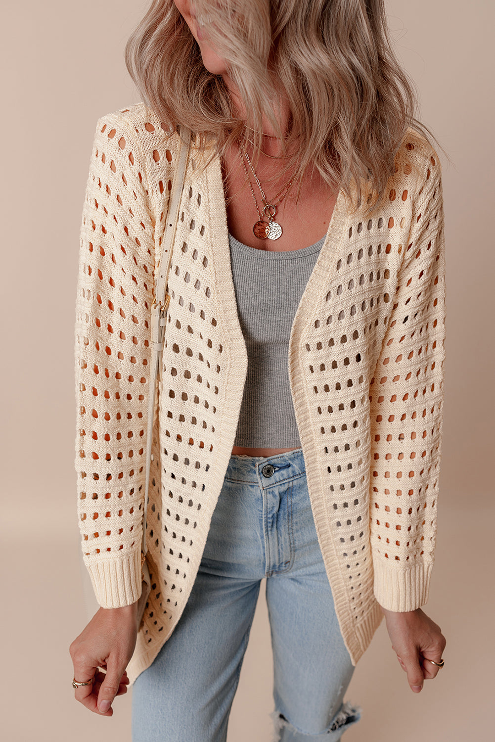 Solid Colour Open Knit Duster Cardigan | Apricot