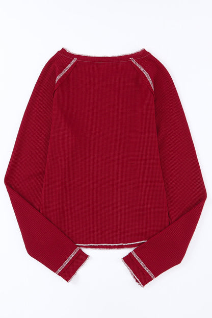 Fiery  Textured Round Neck Long Sleeve Top | Red