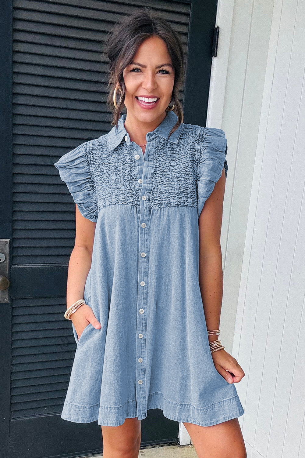 Flutter Sleeve Shirred Detail Button Up Denim Mini Dress | Beau Blue