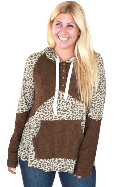 Ribbed Patchwork Buttoned Hoodie | Leopard Print