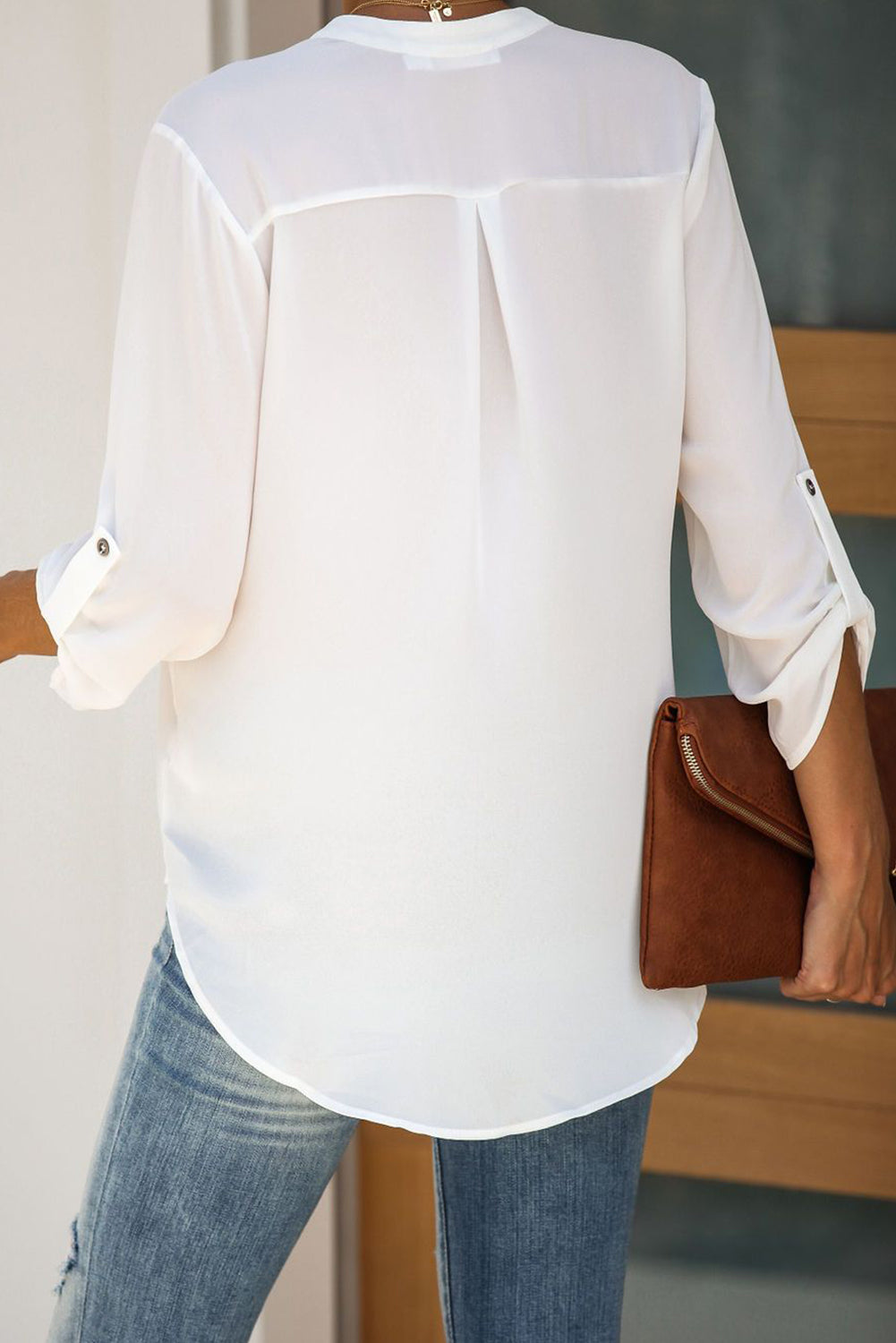 Split Collar Roll Up Sleeve Blouse | White