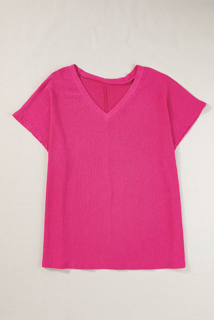 Textured V Neck Bubble Hem Plus Top | Bright Pink