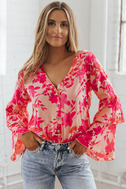 Floral Print Tiered Bell Long Sleeve Buttoned Bodysuit | Pink