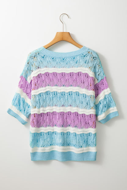 Colour Block Hollow Out Crochet Half Sleeve Sweater | Purple Stripe