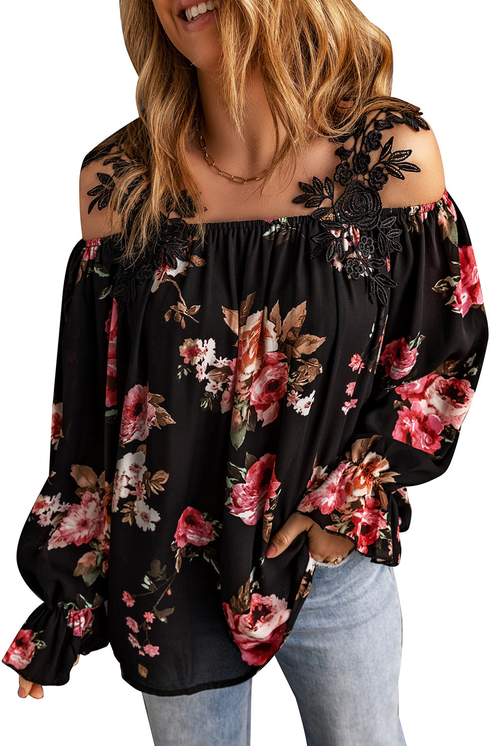 Floral Print Lace Patchwork Loose Cold Shoulder Blouse | Black