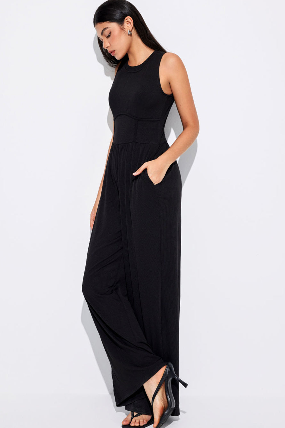 Cinched Waist Sleeveless Wide Leg Jumpsuit | Black