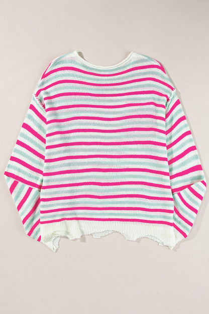 Oversized Drop Shoulder Sweater With Pocket | Rose Stripe