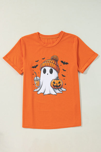 Cute Ghost Pumpkin Face Printed Halloween T Shirt | Orange