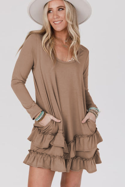 Scoop Neck Tiered Ruffled Hem Long Sleeve Mini Dress | Goat