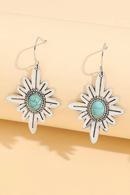 Western Turquoise Flower Shape Hook Earrings | Silvery