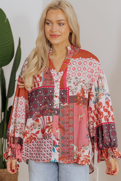 Boho Geometric Mixed Print Patchwork Bubble Sleeve Shirt | Red