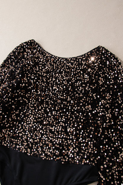 Deep V Back Sequin Puff Sleeve Bodysuit | Black