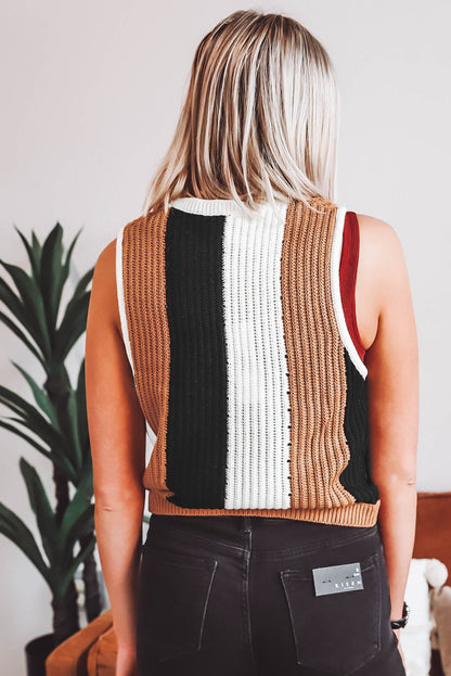 Colour Block Sleeveless Knitted Sweater Vest | Khaki Stripe