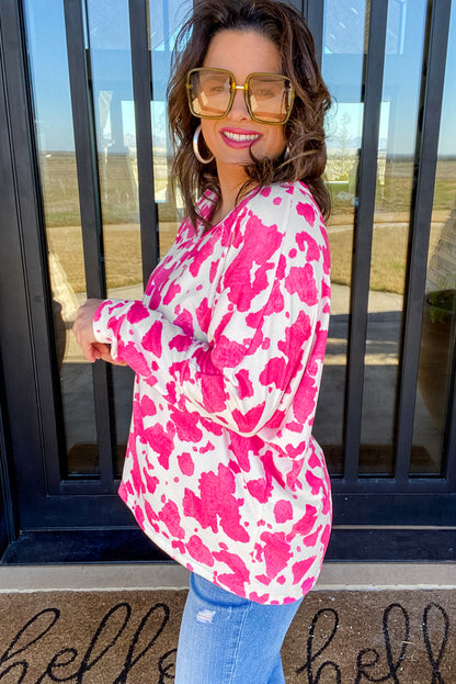 Animal Print Long Sleeve V Neck Plus Size Top | Rose