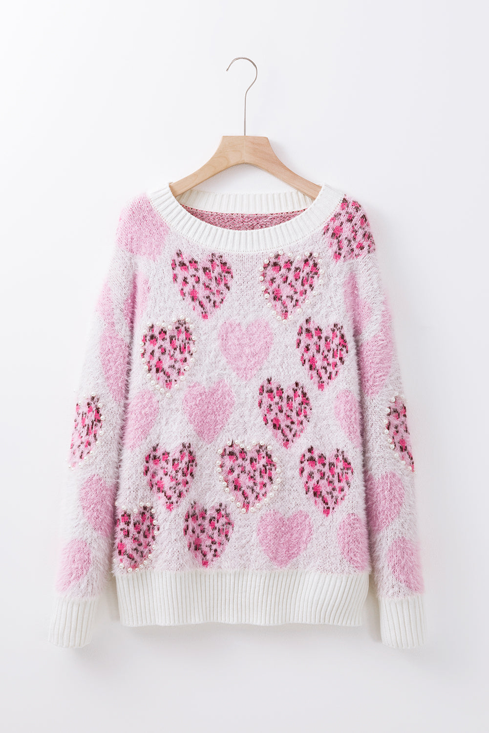 Heart Leopard Print Pearled Ribbed Trim Fuzzy Sweater | Pink