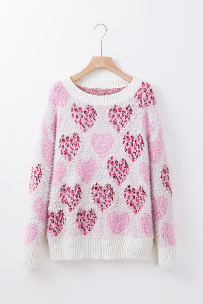 Heart Leopard Print Pearled Ribbed Trim Fuzzy Sweater | Pink