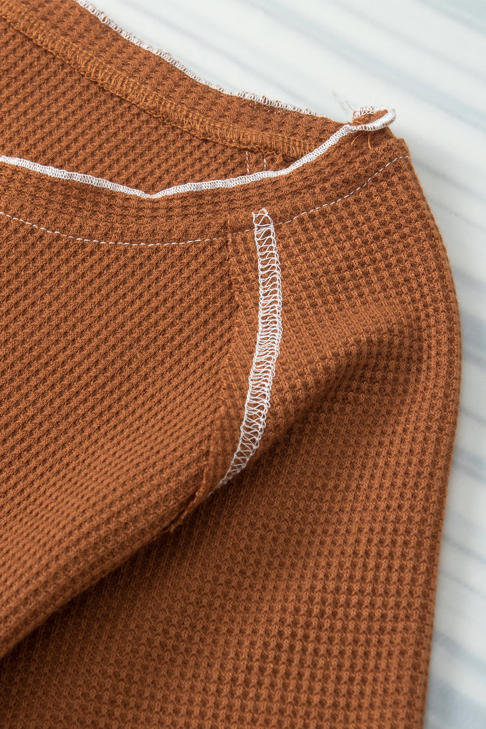 Contrast Seam Frilly Edge Waffle Knit T-Shirt | Chestnut