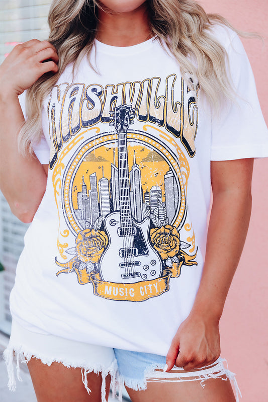 White Music City NASHVILLE Guitar Graphic T Shirt