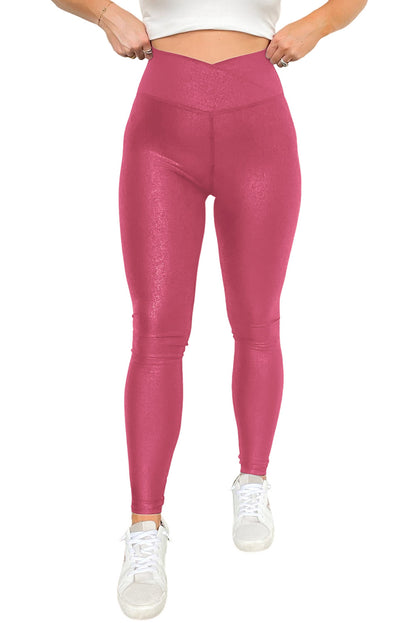 Crossed Dip Waist Sleek Leather Leggings | Rose Red