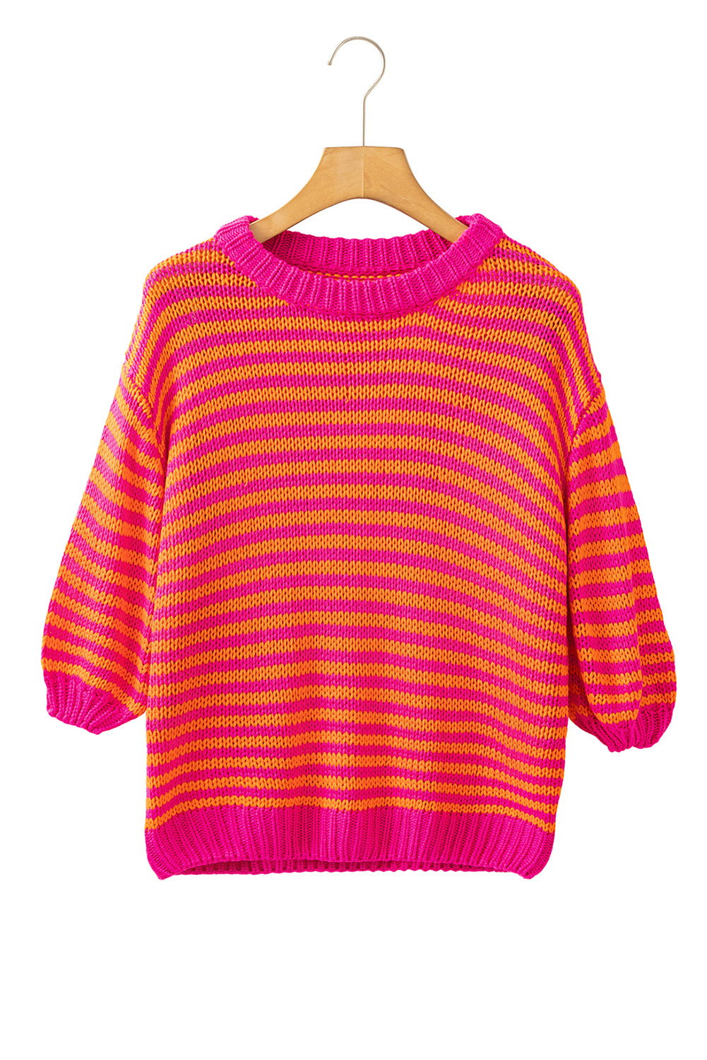 3/4 Puff Sleeve Drop Shoulder Sweater | Rose Stripe