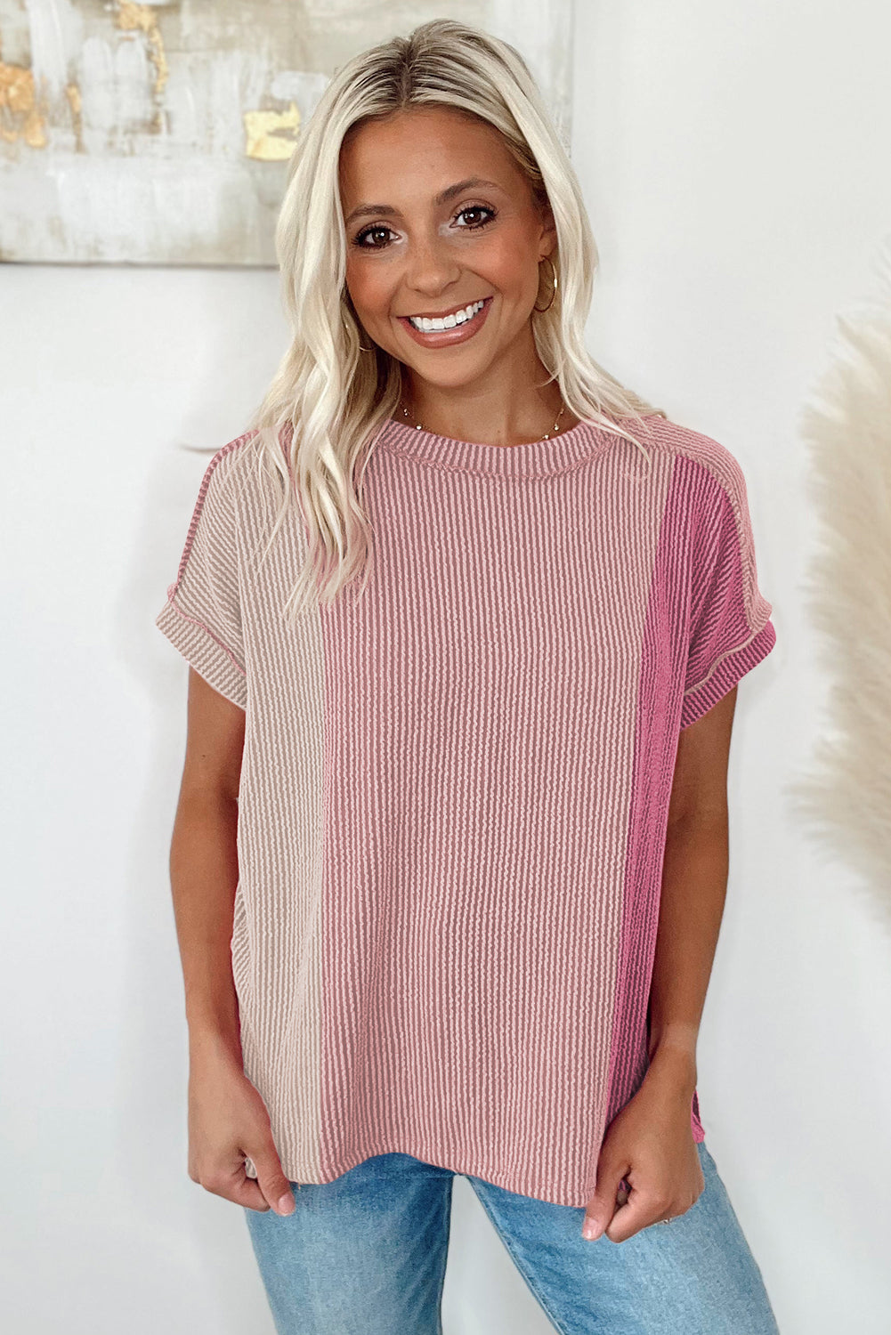 Textured Colourblock Crew Neck T Shirt | Pink