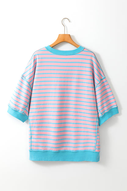 Oversized Contrast Trim Exposed Seam High Low T Shirt | Pink Stripe