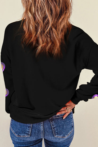 Mardi Gras Heart Print Crew Neck Sweatshirt | Black