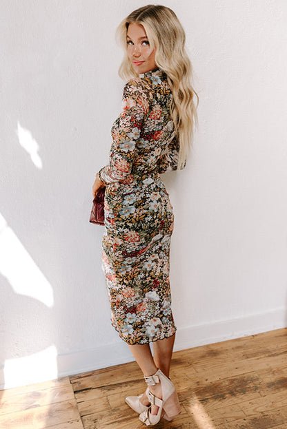 Floral Allover Print Mock Neck Bodycon Long Sleeve Midi Dress | Brown