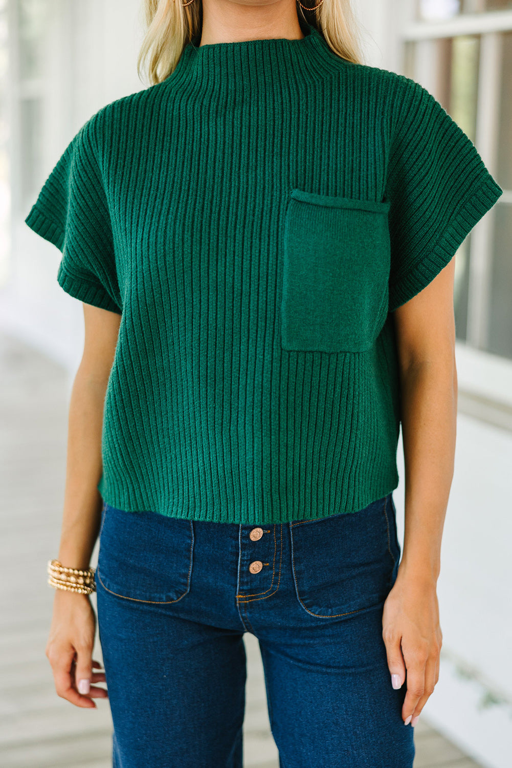 Patch Pocket Ribbed Knit Short Sleeve Sweater | Blackish Green