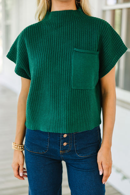 Patch Pocket Ribbed Knit Short Sleeve Sweater | Blackish Green