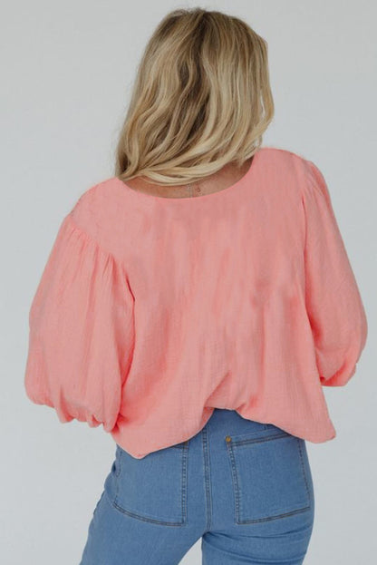 Geometric Embroidered V Neck Puff Sleeve Blouse | Apricot Pink