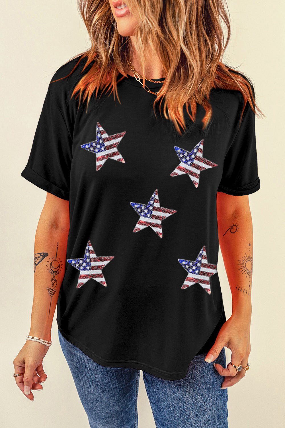 Sequined American Flag Star Graphic T Shirt | Black