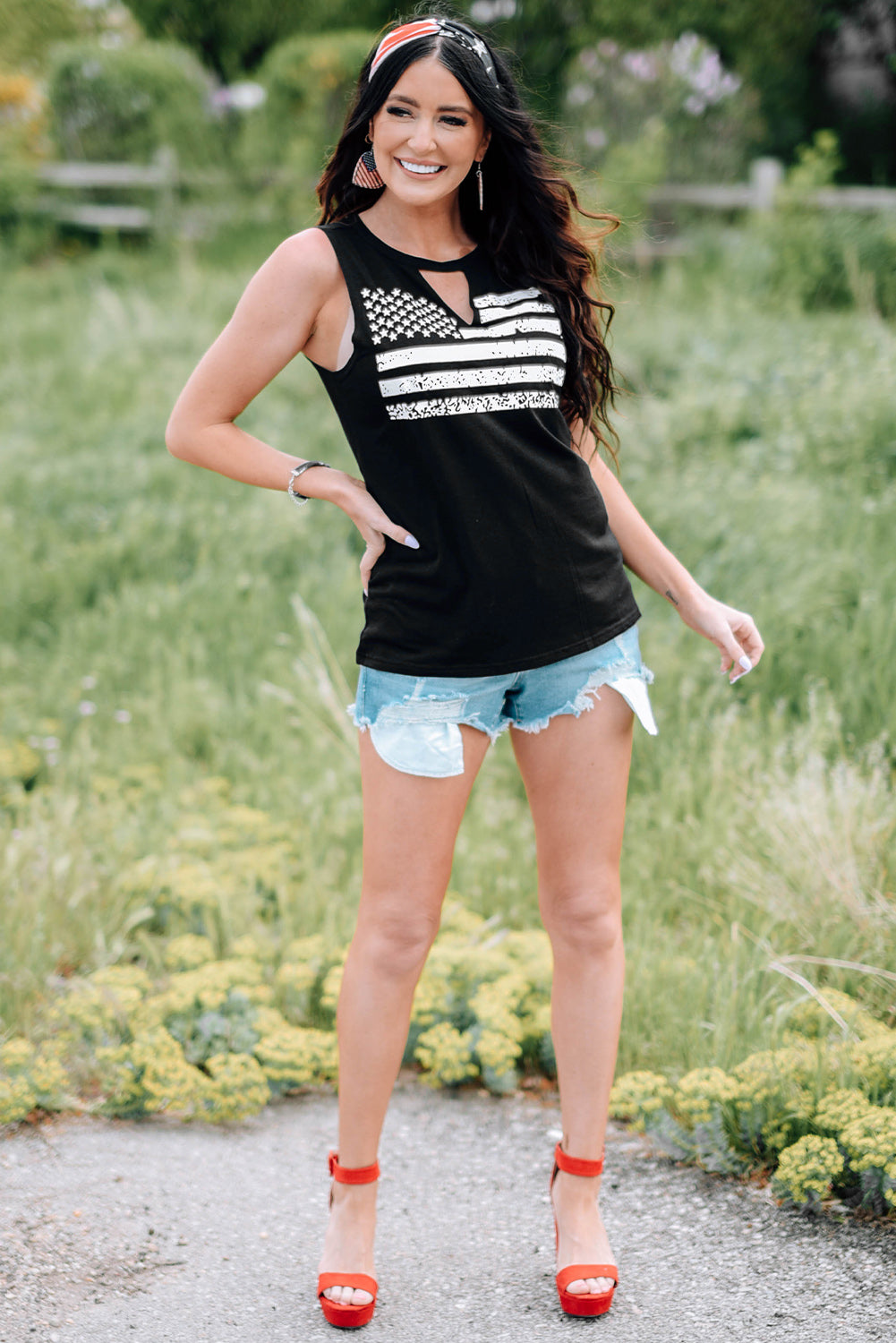 Cutout American Flag Print Tank Top | Black