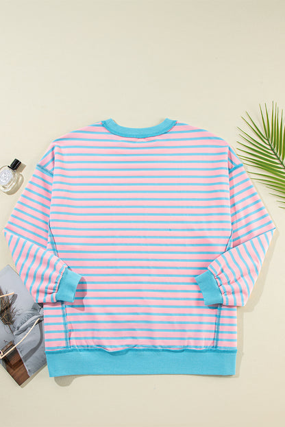 Contrast Trim High Low Pullover Tunic Sweatshirt | Pink Stripe