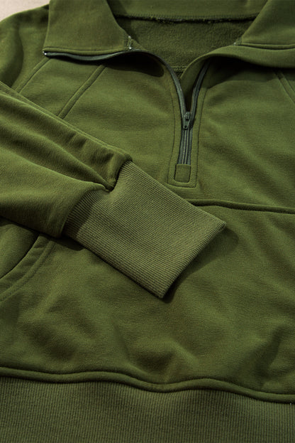 Quarter Zip Stand Neck Kangaroo Pocket Sweatshirt | Moss Green