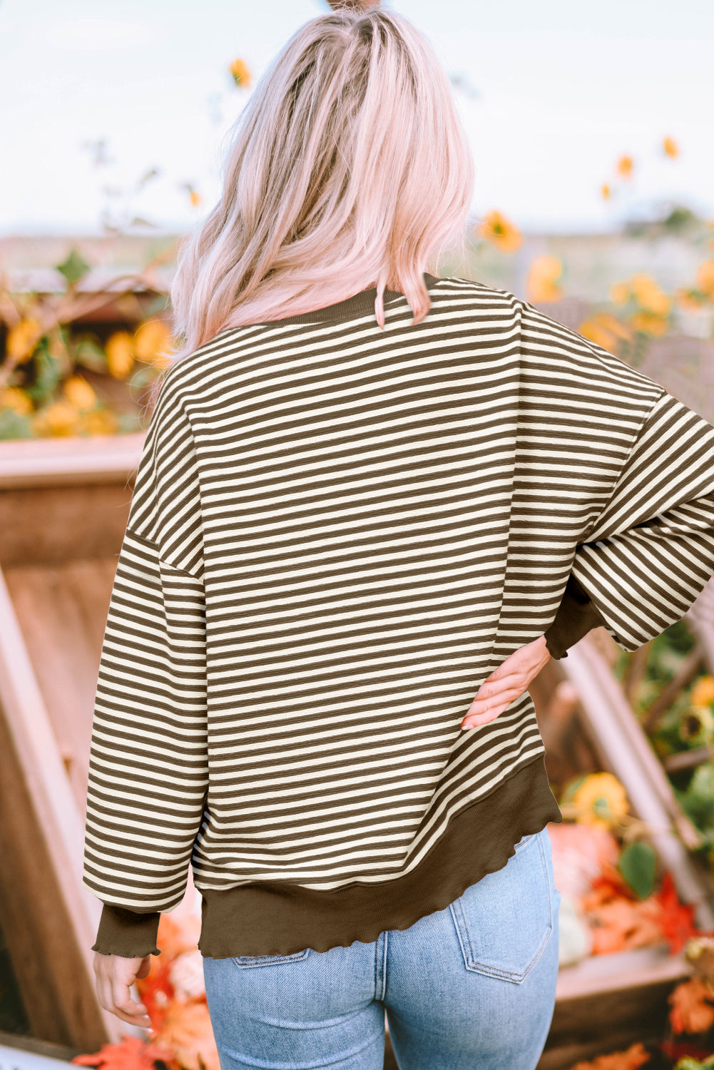 Loose Drop Shoulder Long Sleeve Top | Brown Stripe