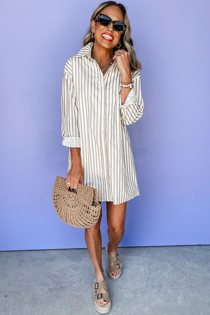 Long Sleeve Button Up Mini Shirt Dress | Khaki Stripe