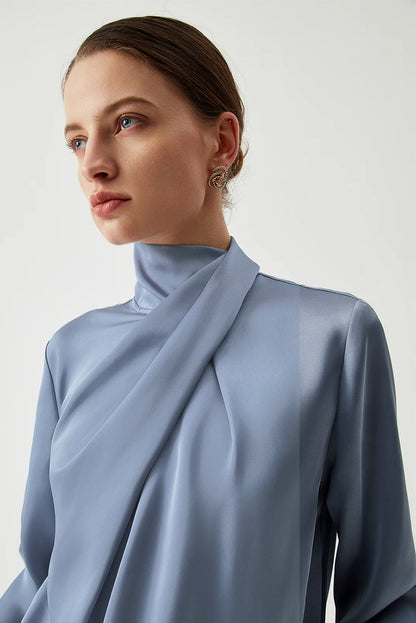 Asymmetric Pleated Turtleneck Bell Sleeve Blouse | Ivy