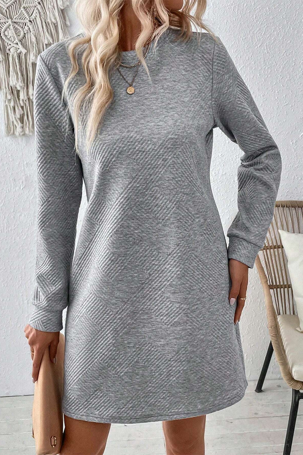 Solid Colour Textured Long Sleeve Shift Dress | Gray