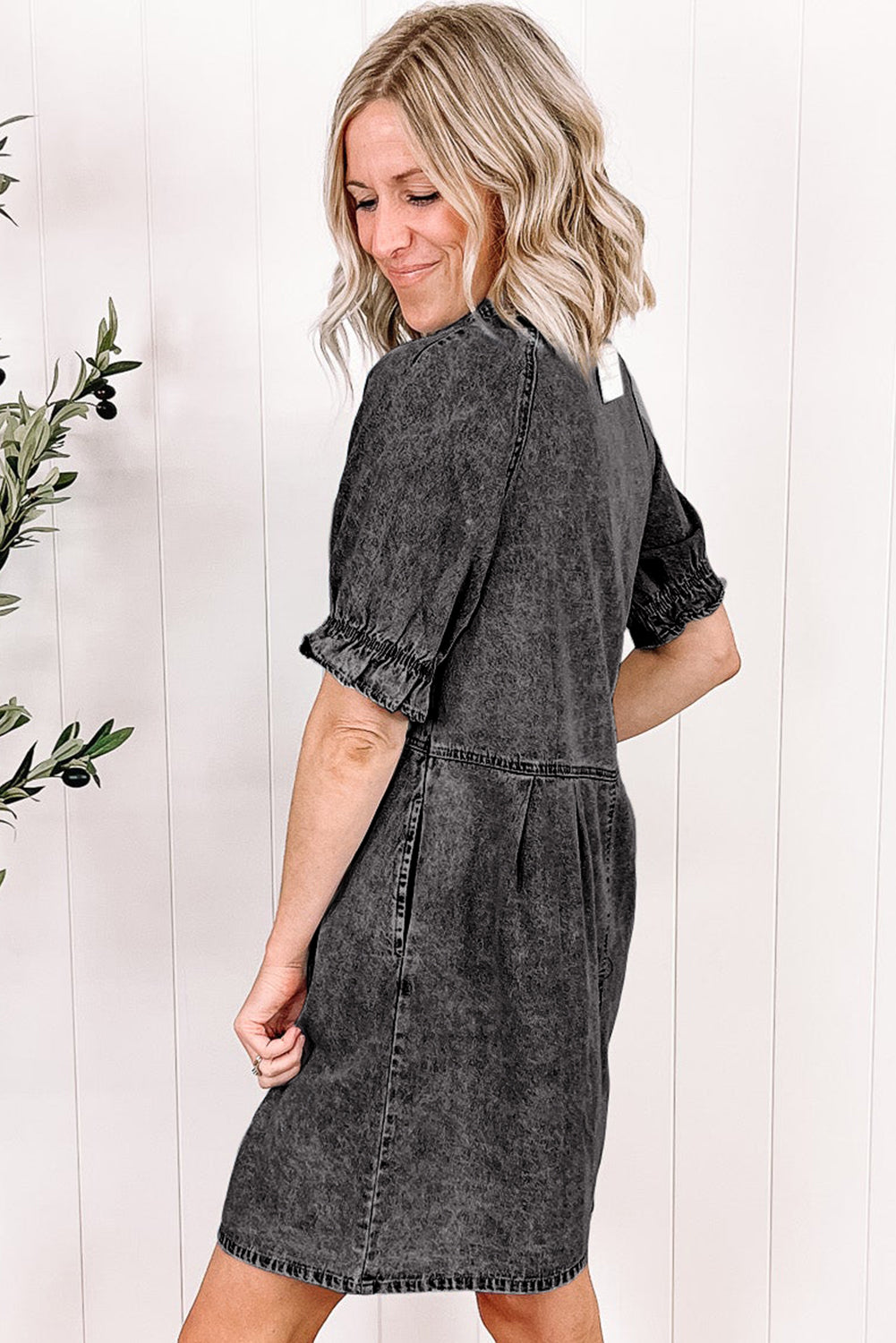 Mineral Wash Ruffled Short Sleeve Buttoned Denim Dress | Medium Grey