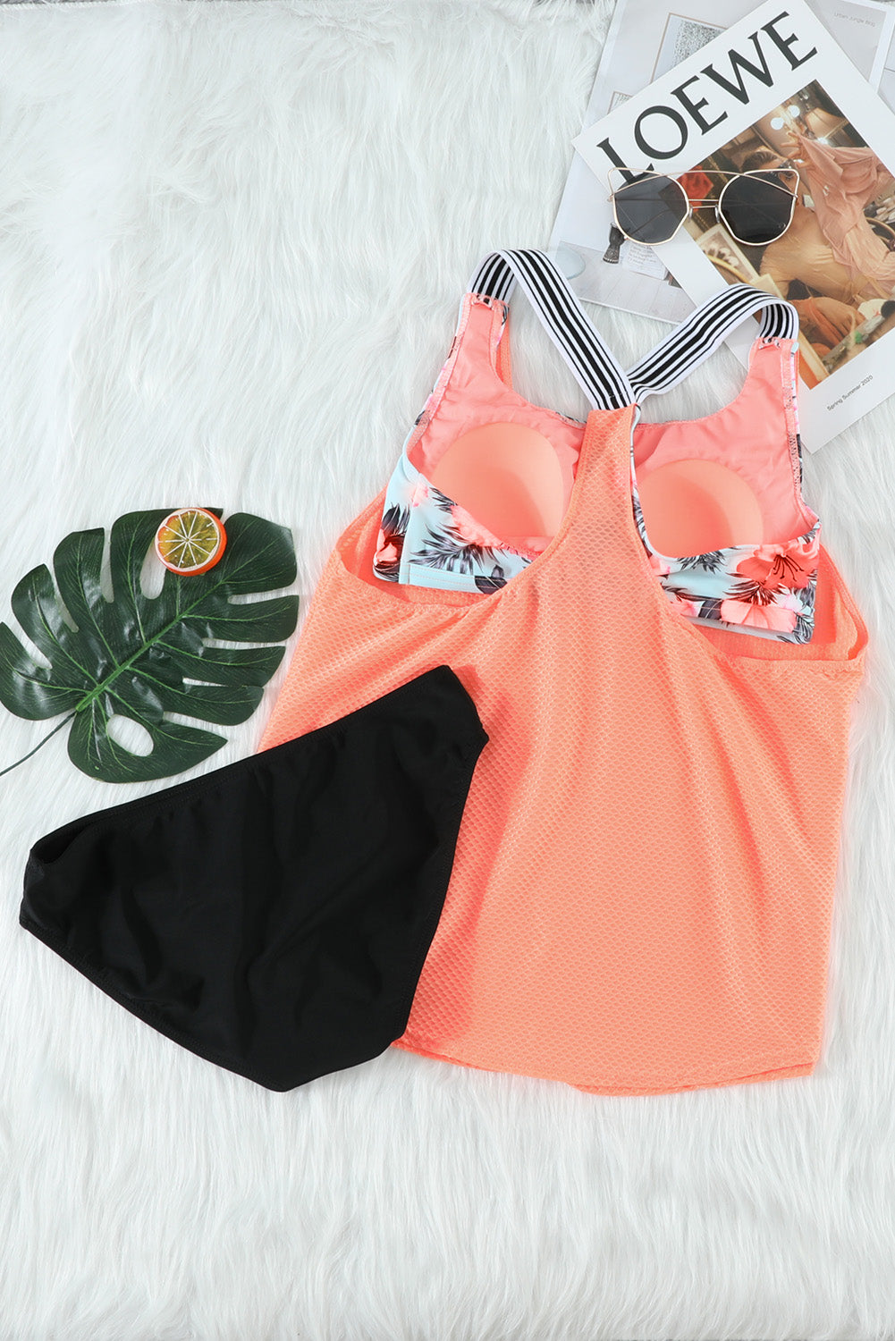 Printed Splicing Racerback Tankini | Orange