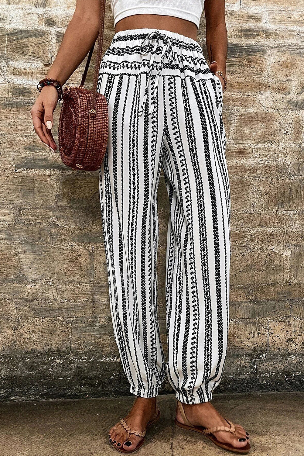 Boho Striped Print Casual Pants | Black Stripe