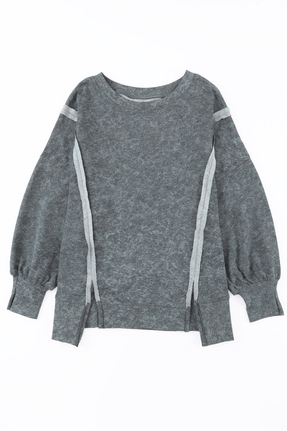 Acid Wash Relaxed Fit Seamed Pullover Sweatshirt With Slits | Gray