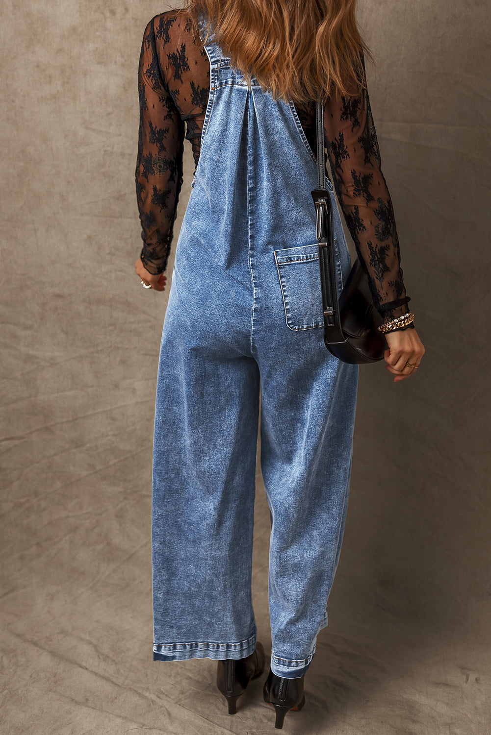 Mineral Wash Buttoned Straps Wide Leg Denim Overalls | Light Blue