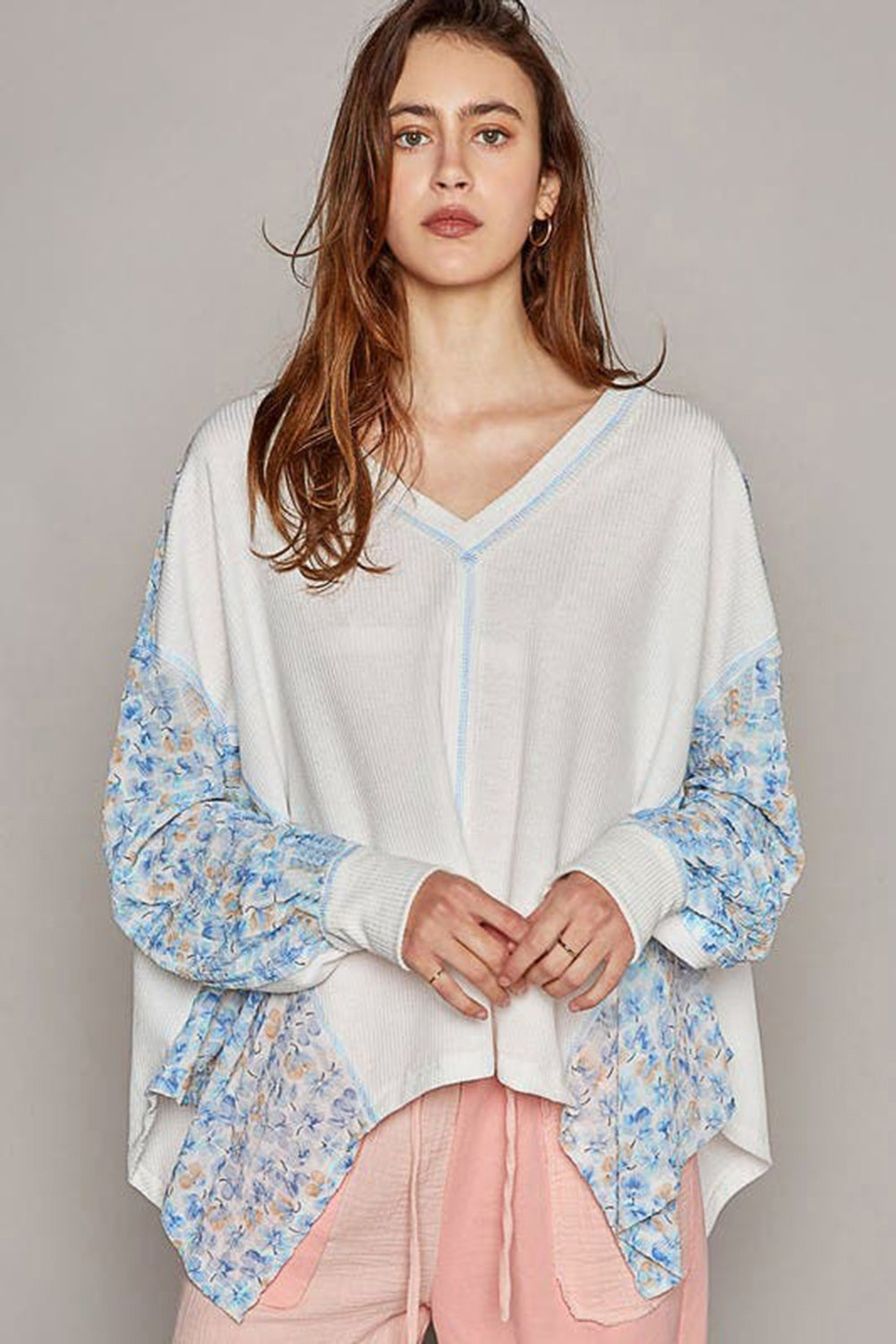 Abstract Floral Patchwork Batwing Sleeve V Neck Blouse | White